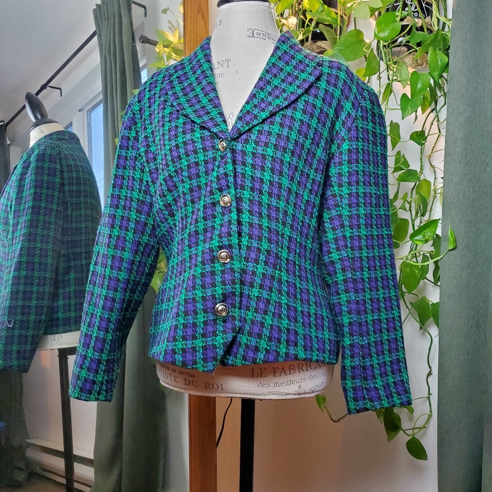 VINTAGE | Cimone Wool Blend Herringbone Green Purple Blazer Jacket (Size M) - Picture 2 of 10
